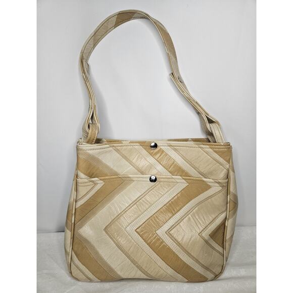 Unbranded Handbags - Vintage 70s Handmade Cream Tan Leather Tote Handbag Purse Shoulder Bag Chevron